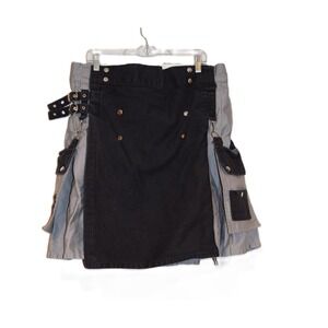 Gothic Punk Pleated Kilt Skirt Black Grey Buckle Straps Pockets Utilitarian